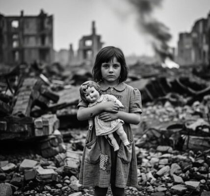 Zwischen Trummern und Hoffnung: Ein Mädchen mit Puppe im zerstörten Deutschland, 1945.