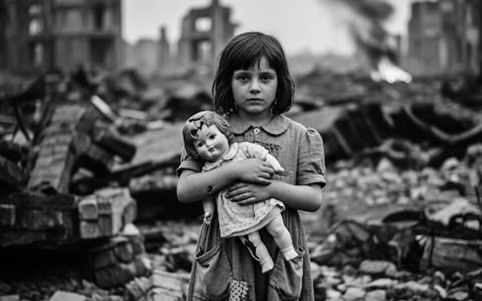 Zwischen Trummern und Hoffnung: Ein Mädchen mit Puppe im zerstörten Deutschland, 1945.