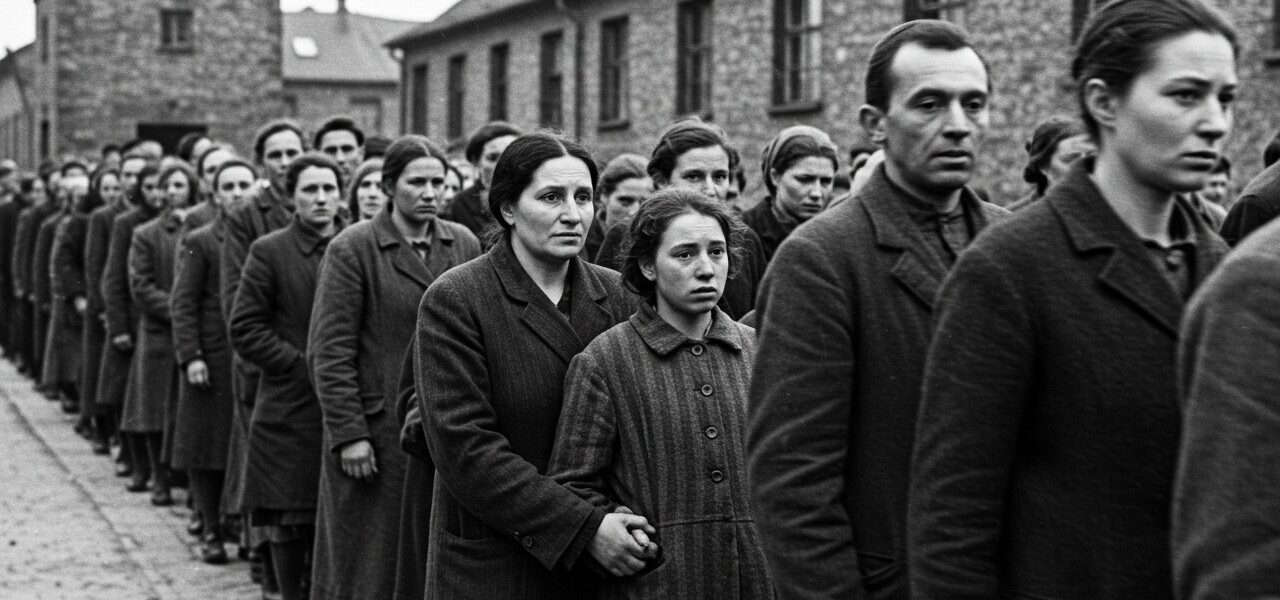 Letzter Weg: Mutter und Tochter Hand in Hand – Ein stilles Zeugnis aus Auschwitz.