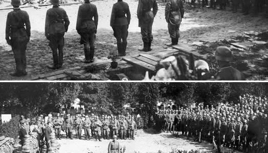 Diese eindrucksvolle Aufnahme zeigt eine Zeremonie, bei der deutsche Soldaten während des Zweiten Weltkriegs ihren gefallenen Kameraden die letzte Ehre erweisen.