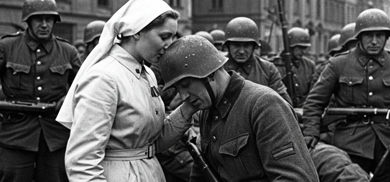 Ein stiller Abschied an der Front: Die Kraft einer letzten Umarmung zwischen Schwester und Soldat.